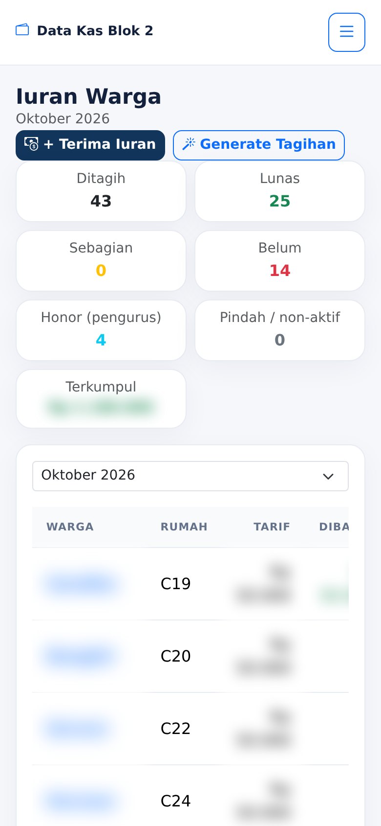 Portal Keuangan Daerah versi mobile — Iuran warga — status bayar per rumah
