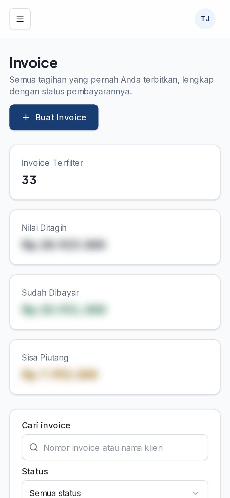Invoice Manager versi mobile — Daftar invoice — status pembayaran