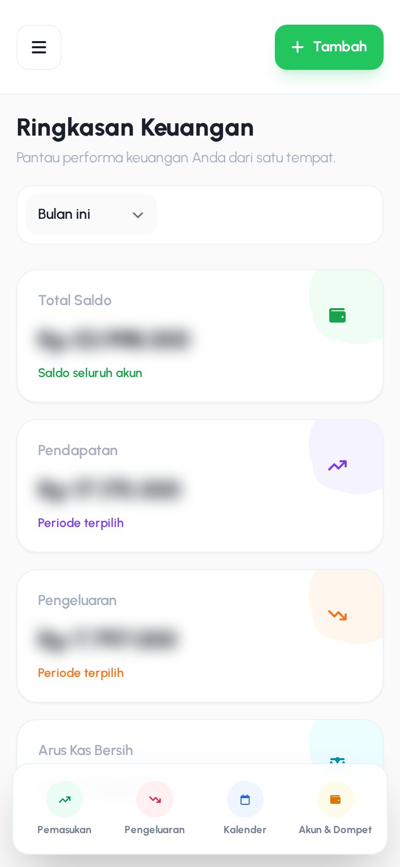 Keuanganku versi mobile — Dasbor — ringkasan saldo & arus kas