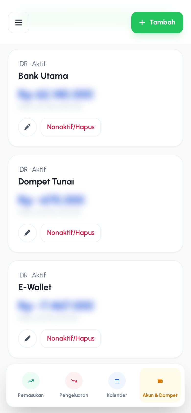 Keuanganku versi mobile — Akun & Dompet — saldo tiap dompet