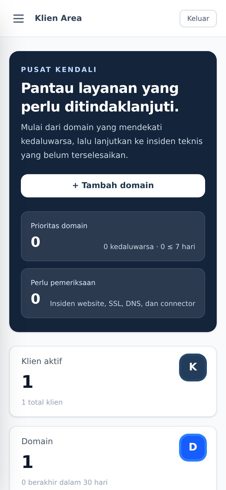 Portal Klien Area versi mobile — Dashboard — ringkasan layanan klien