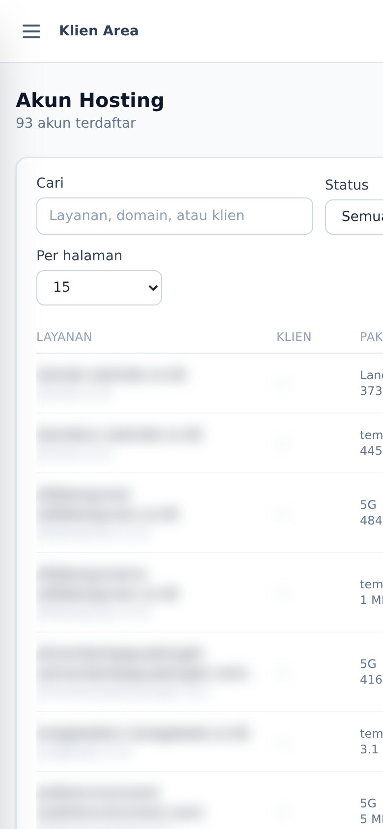 Portal Klien Area versi mobile — Akun hosting — daftar layanan & status
