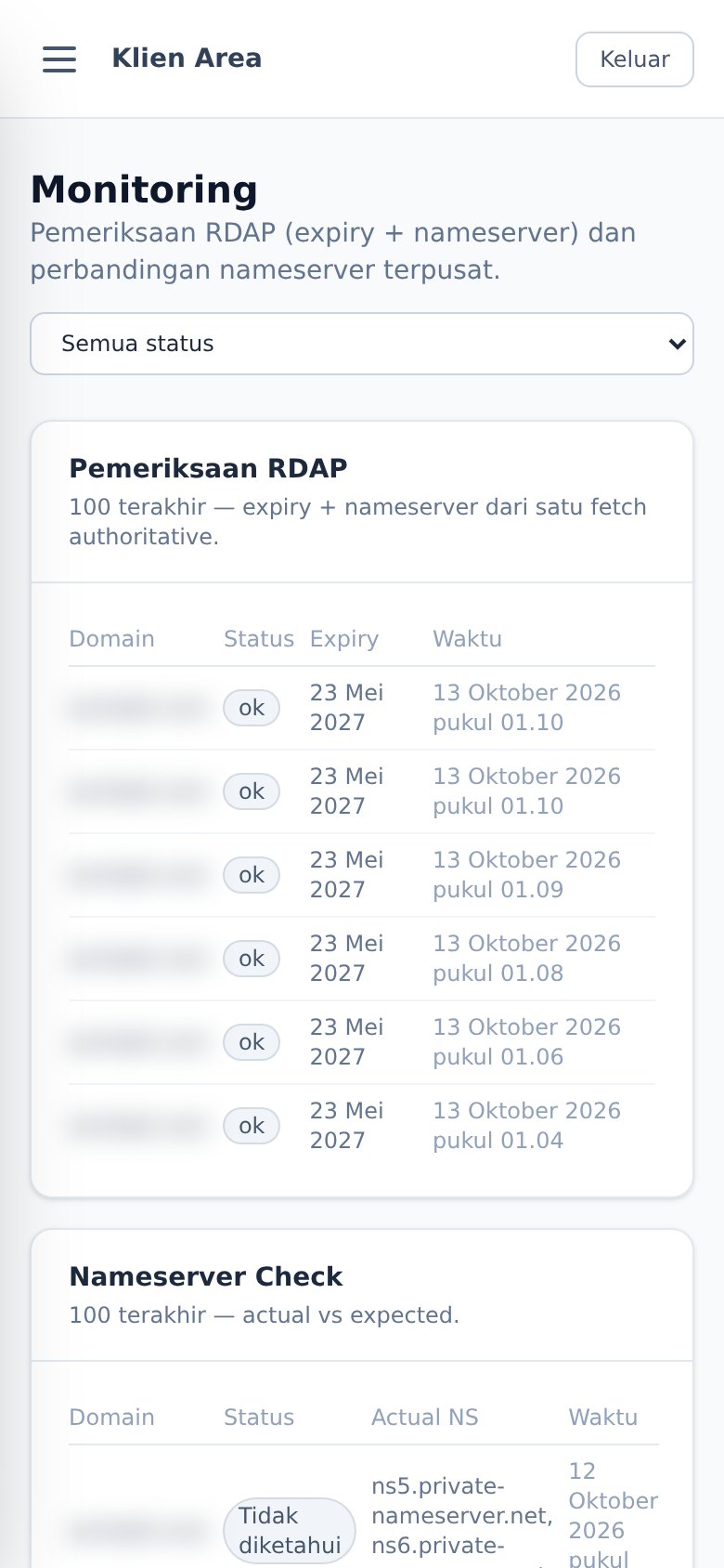 Portal Klien Area versi mobile — Monitoring — status domain & nameserver