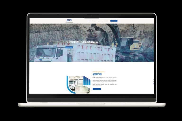 Excavator and construction truck on website homepage for PT Bolo Energi Nusantara.
