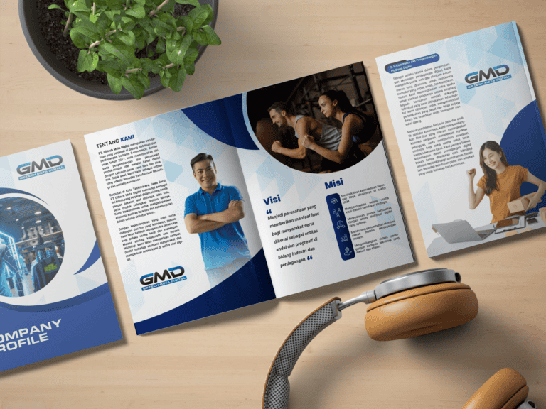Creative company profile brochure showcasing digital branding and marketing services from GMD.