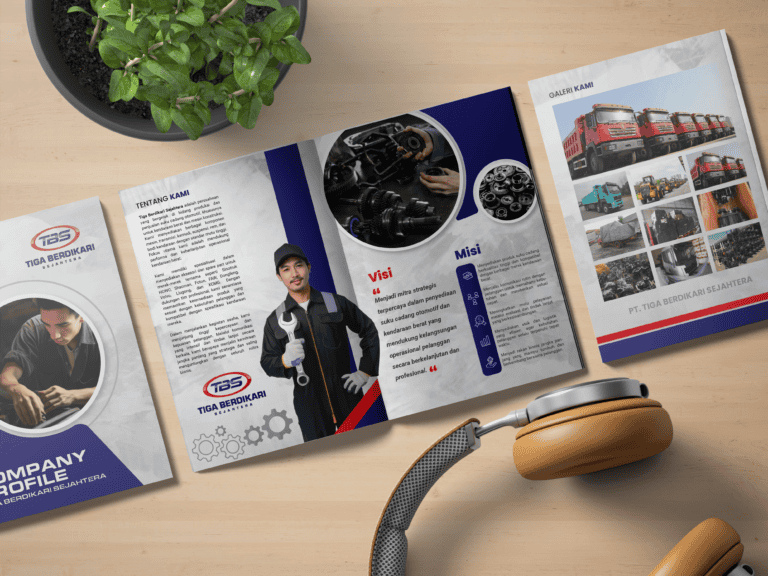 Creative auto company profile brochure designed for Tiga Berdikari Sejahtera.