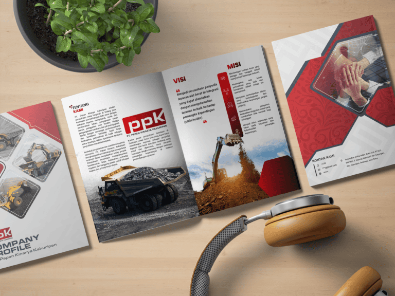 Excavator and construction equipment brochure with company profile and branding design for construction services.