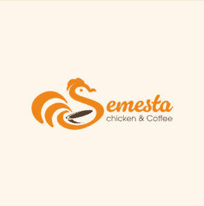 Stylish logo design for Semesta Chicken & Coffee brand with rooster and coffee cup illustration.