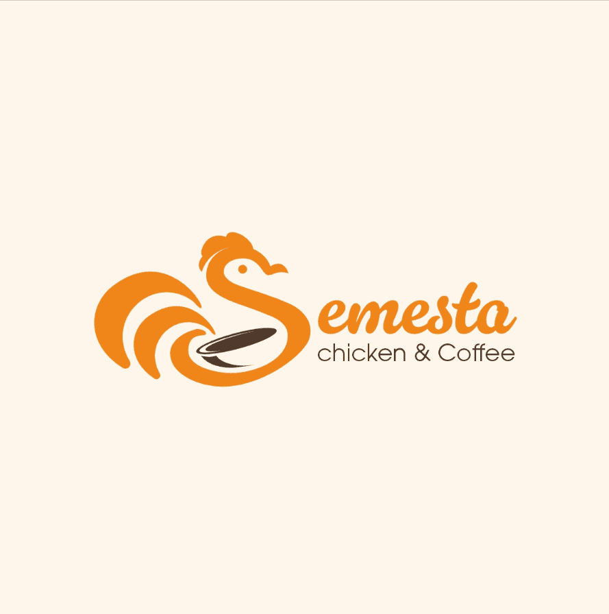 Stylish logo design for Semesta Chicken & Coffee brand with rooster and coffee cup illustration.