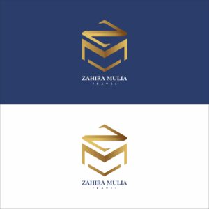 Elegant travel logo design with gold and navy tones for Zahira Mulia Travel.