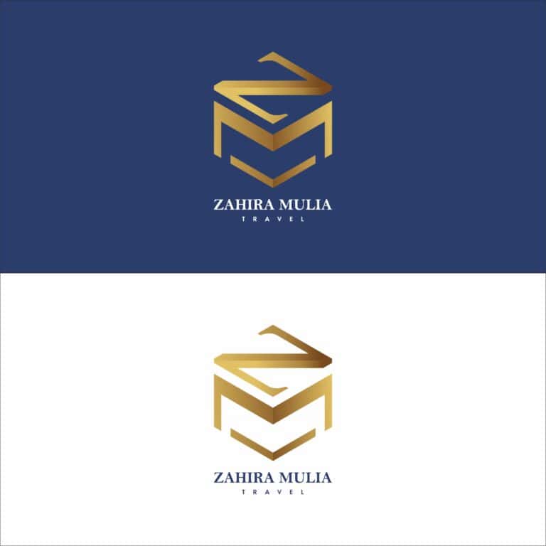 Elegant travel logo design with gold and navy tones for Zahira Mulia Travel.