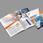Professional company profile brochure showcasing logo, brochure, and website design services for businesses.