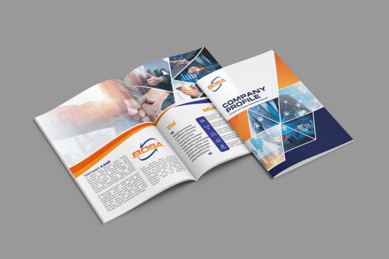Professional company profile brochure showcasing logo, brochure, and website design services for businesses.