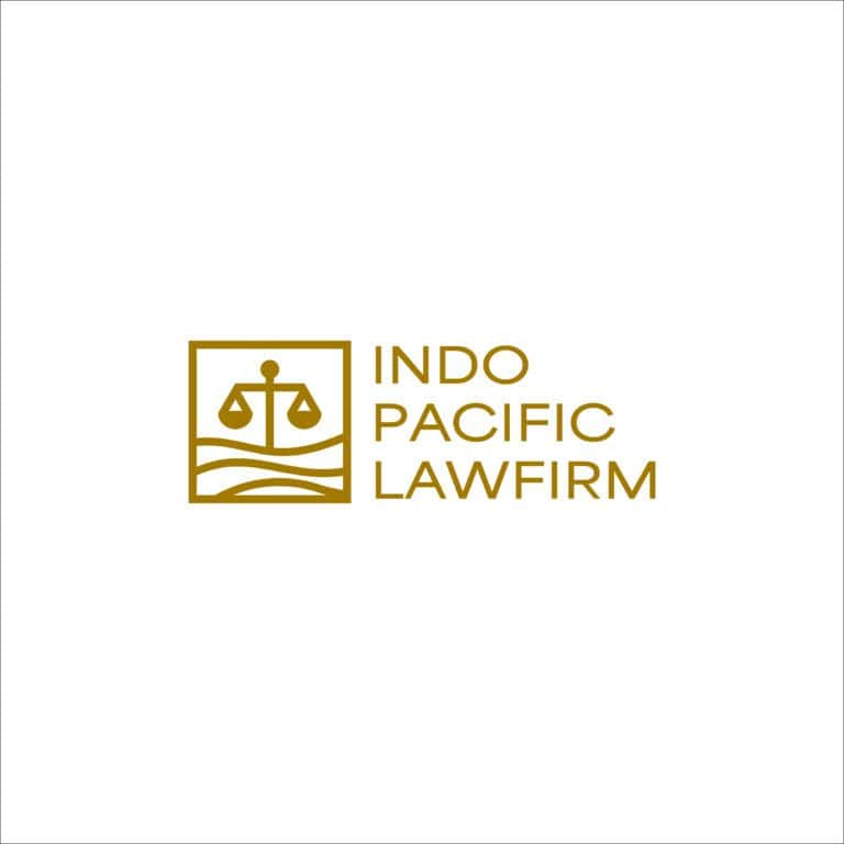 Elegant logo design for Indo Pacific Law Firm, featuring scales of justice in gold on white background.