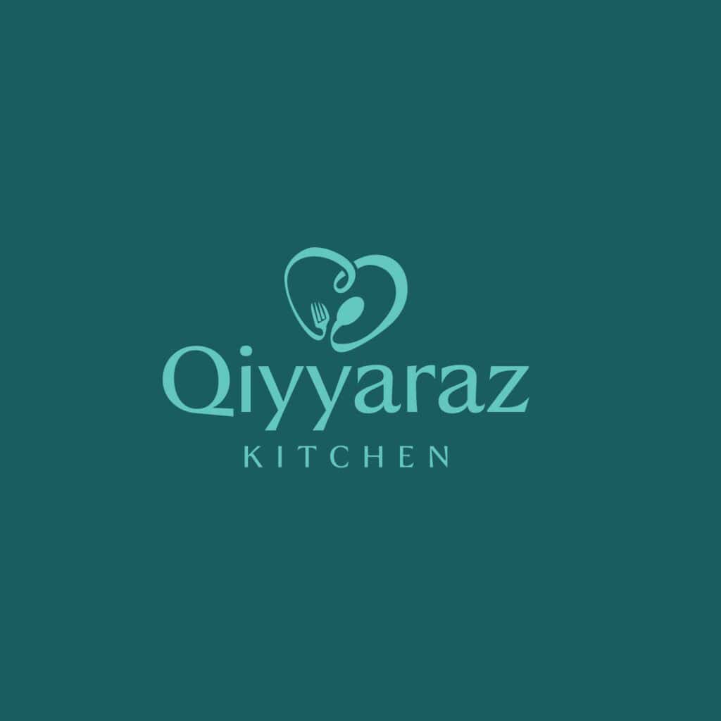 Delicious food logo design for Qiyaraz Kitchen with fork and spoon heart icon.