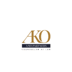 Elegant logo design for AKO and Partners, legal counsel firm, featuring sophisticated typography and color palette.