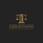 Elegant law firm logo with gold scales and initials on dark background.